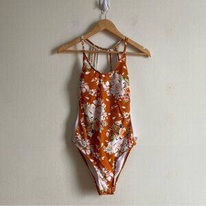 Cupshe Sz L NWT Orange Floral Open Back Mesh Sides one Piece Swimsuit